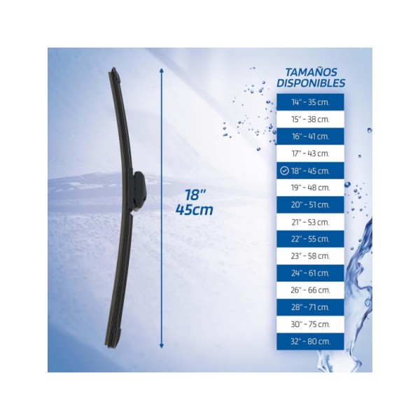 Escobilla Limpiaparabrisas para Coche Modelo Aquan45 Ultra Flex Series 18" 45 cm 1 Unidad con 8 Adaptadores