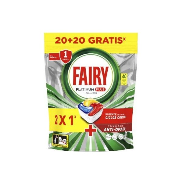 Fairy Platinum Plus Caps Lavavajillas (20+20 Gratis) - Anti-Opacidad