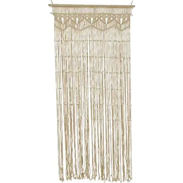 Cortina de macramé beige con barra de madera clara, para puerta, 90 x 200 cm
